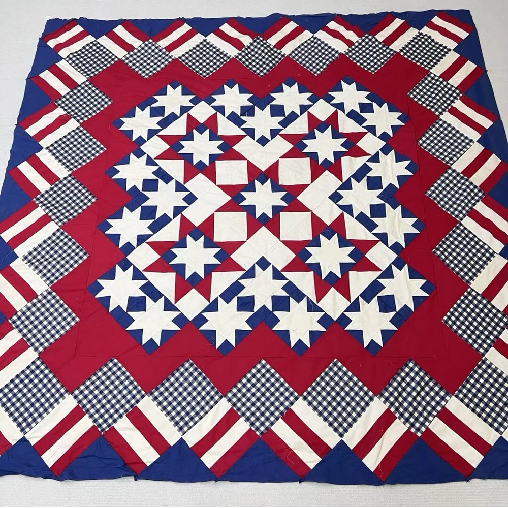 Handmade Patriot stars Patchwork Cotton Quilt Top/Topper Machine pieced 86x86”